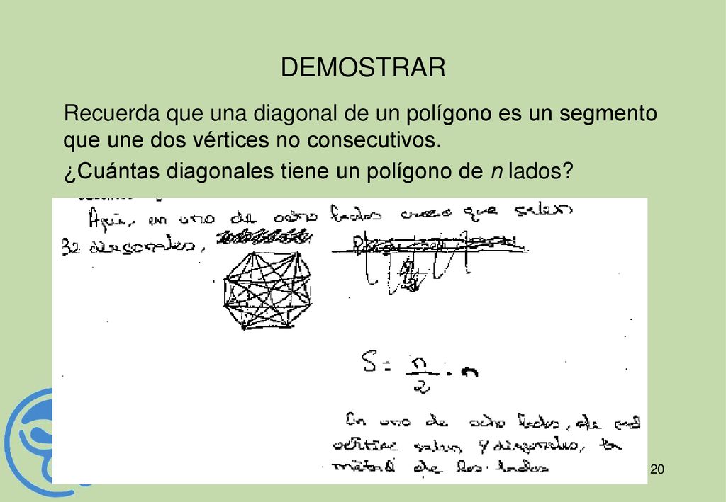 DEMOSTRAR Recuerda que una diagonal de un polígono es un segmento que une dos vértices no consecutivos.