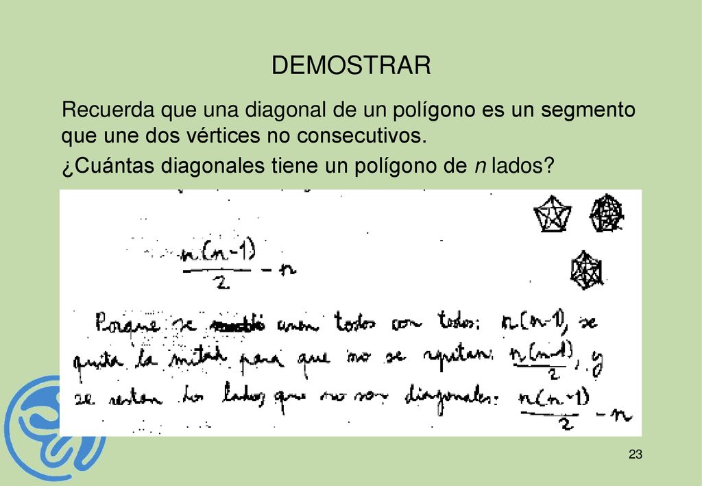 DEMOSTRAR Recuerda que una diagonal de un polígono es un segmento que une dos vértices no consecutivos.