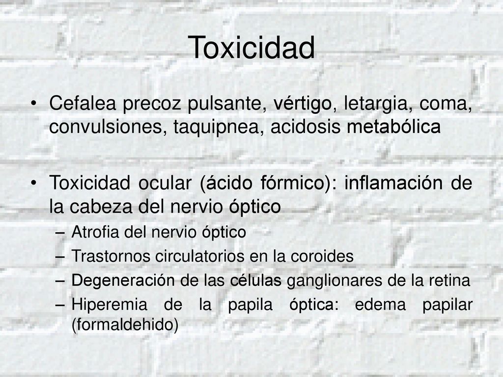 Toxicidad Cefalea precoz pulsante, vértigo, letargia, coma, convulsiones, taquipnea, acidosis metabólica.