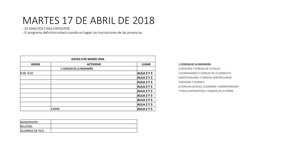 MARTES 17 DE ABRIL DE MINUTOS CADA EXPOSITOR - El programa definitivo estará cuando se hagan las inscripciones de las ponencias