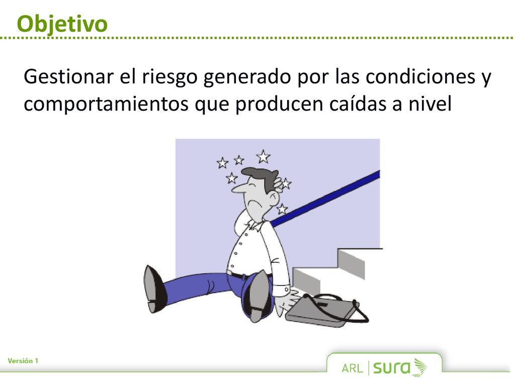 Objetivo Gestionar el riesgo generado por las condiciones y comportamientos que producen caídas a nivel.