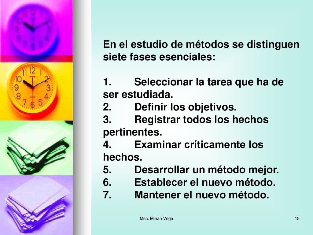 En el estudio de métodos se distinguen siete fases esenciales: