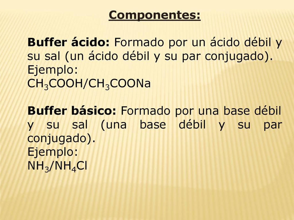 Componentes: Buffer ácido: Formado por un ácido débil y su sal (un ácido débil y su par conjugado).