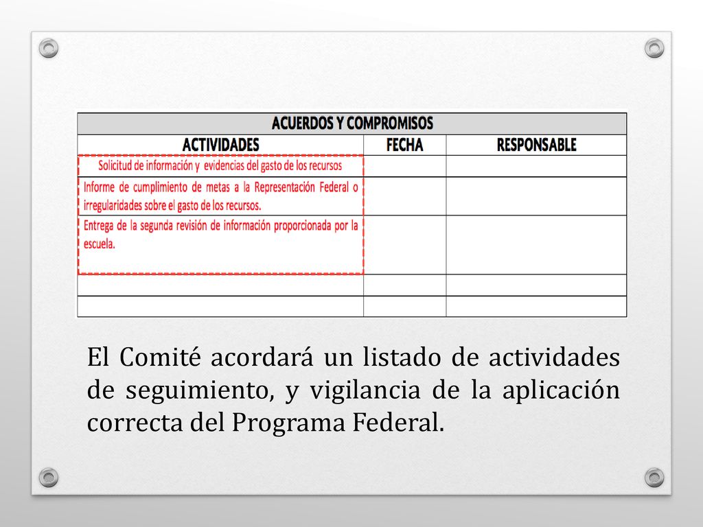 El Comité acordará un listado de actividades de seguimiento, y vigilancia de la aplicación correcta del Programa Federal.