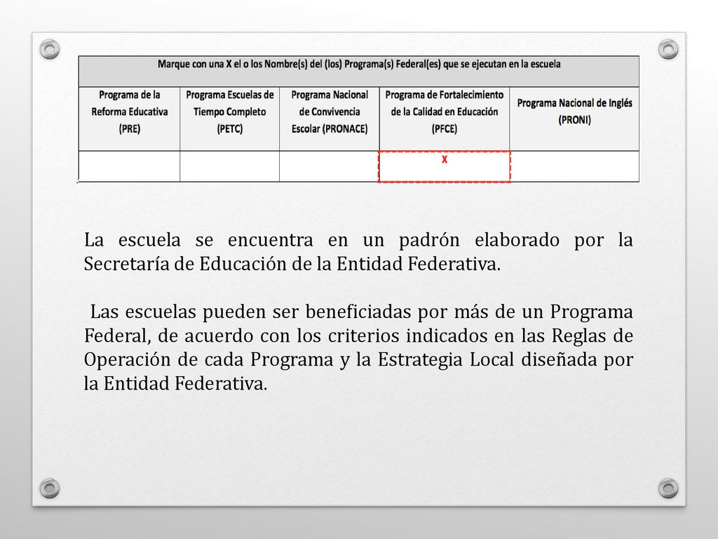 La escuela se encuentra en un padrón elaborado por la Secretaría de Educación de la Entidad Federativa.