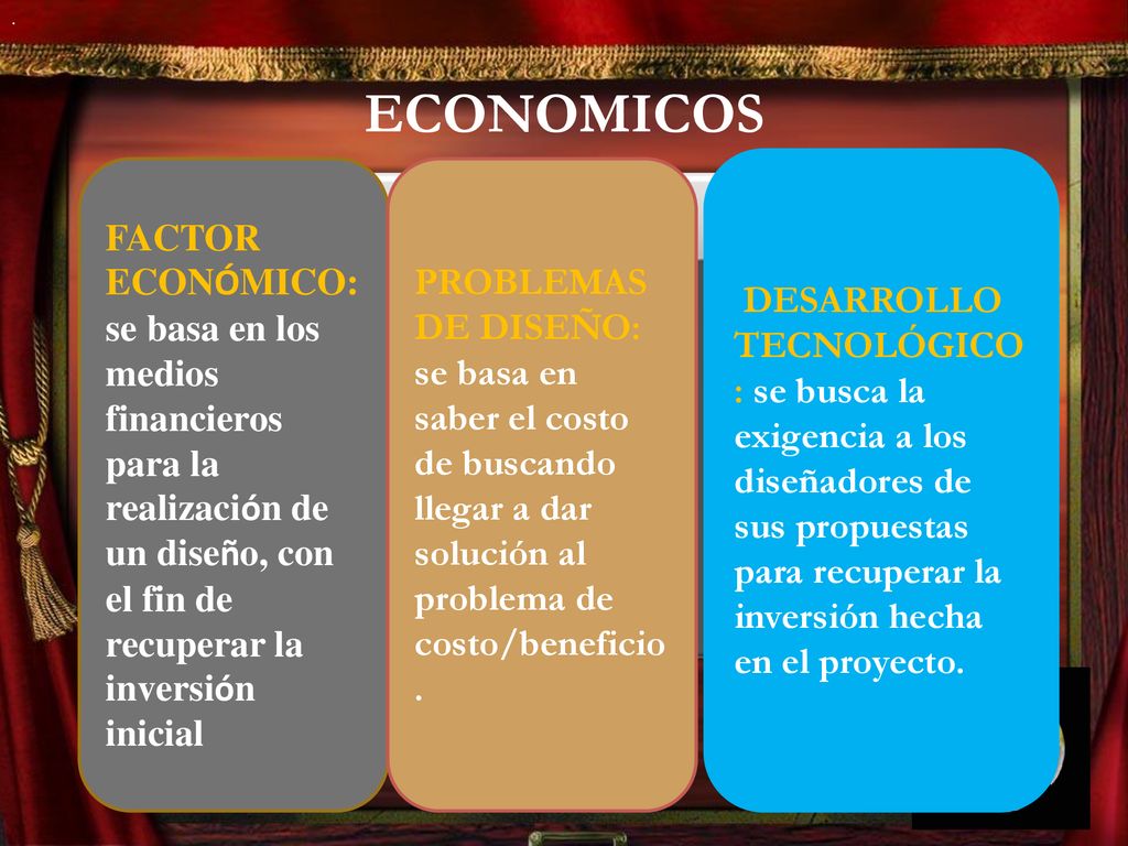 . ECONOMICOS. DESARROLLO TECNOLÓGICO: se busca la exigencia a los diseñadores de sus propuestas para recuperar la inversión hecha en el proyecto.