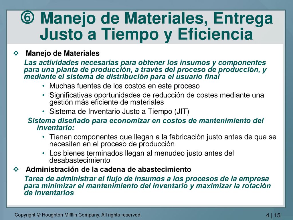 Manejo de Materiales, Entrega Justo a Tiempo y Eficiencia