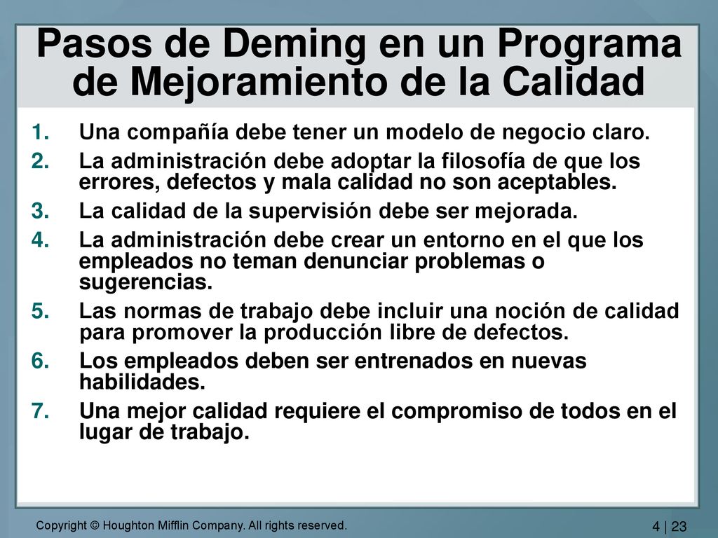 Pasos de Deming en un Programa de Mejoramiento de la Calidad