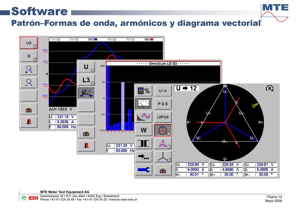 Software Patrón–Formas de onda, armónicos y diagrama vectorial