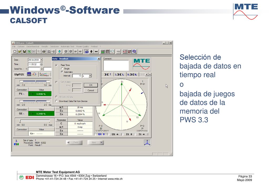 Windows©-Software CALSOFT Selección de bajada de datos en tiempo real