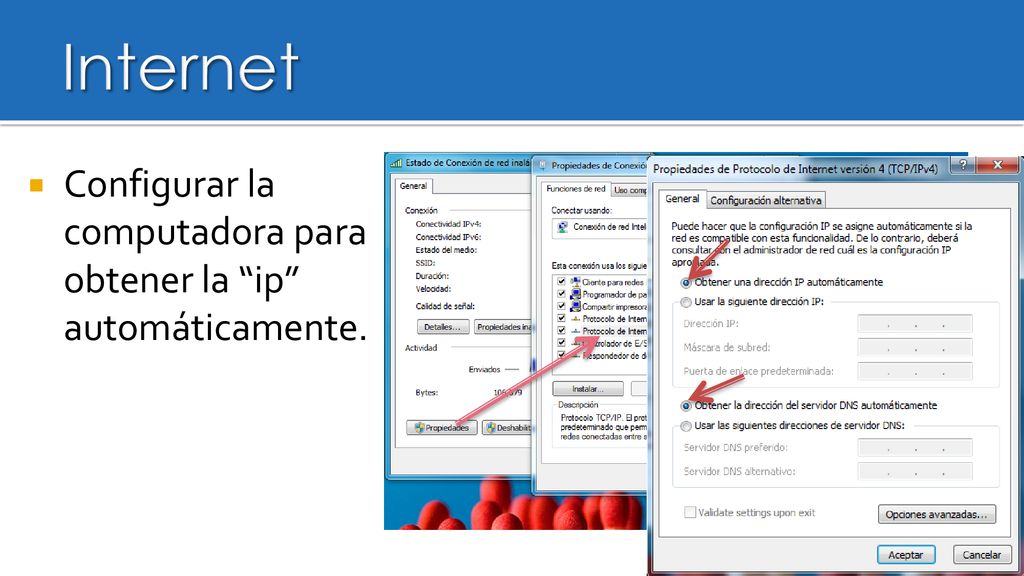 Internet Configurar la computadora para obtener la ip automáticamente.