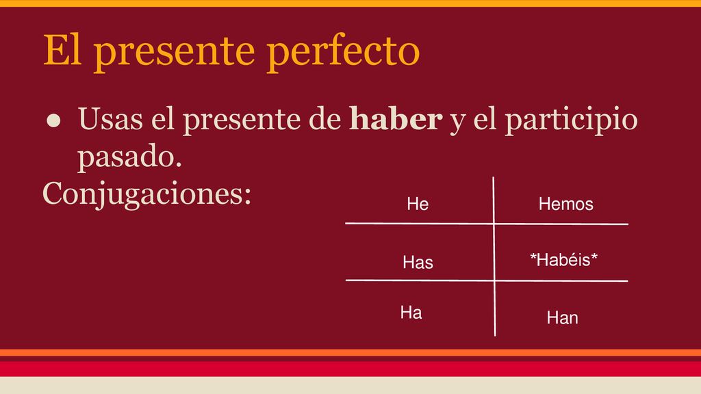 El presente perfecto Usas el presente de haber y el participio pasado.
