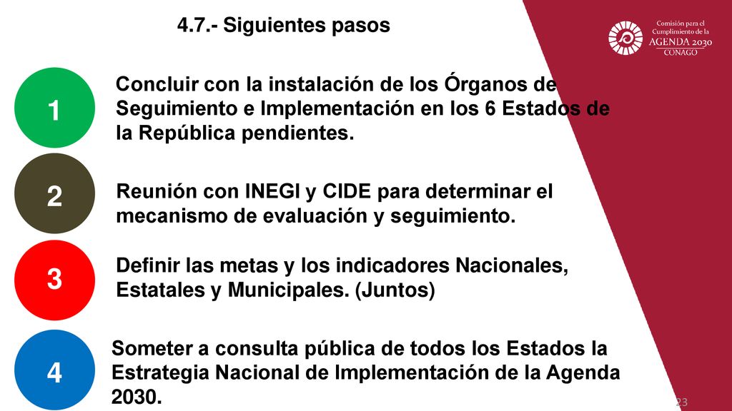 4.7.- Siguientes pasos Concluir con la instalación de los Órganos de Seguimiento e Implementación en los 6 Estados de la República pendientes.