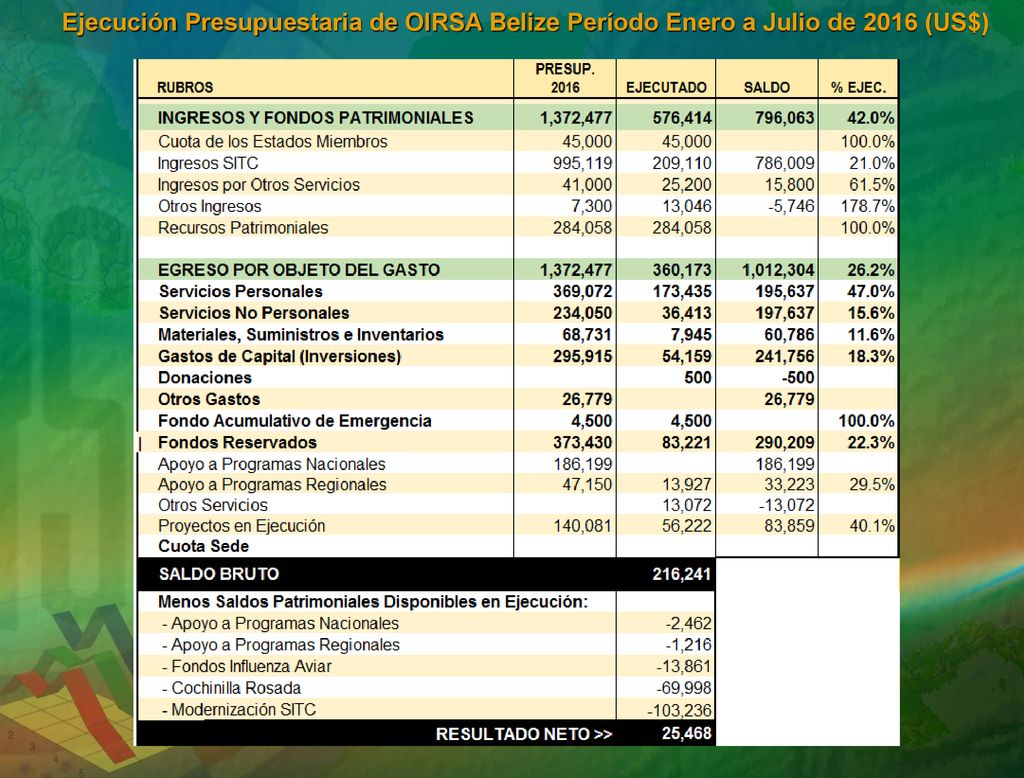 Ejecución Presupuestaria de OIRSA Belize Período Enero a Julio de 2016 (US$)