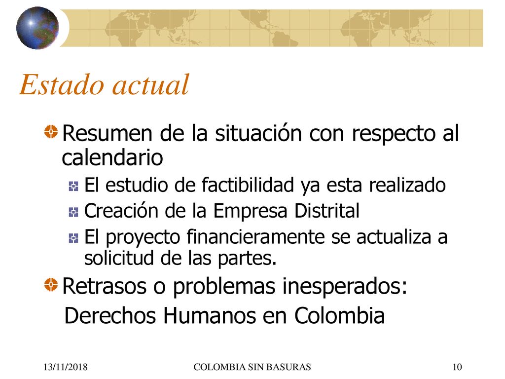 Estado actual Resumen de la situación con respecto al calendario