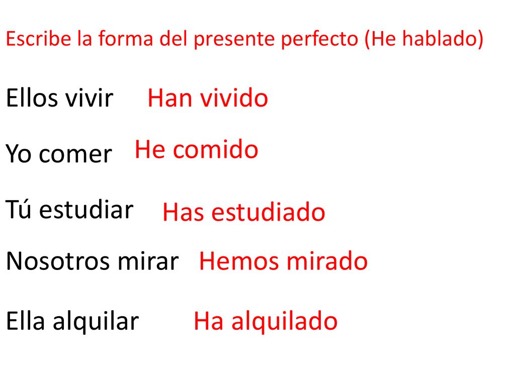Ellos vivir Han vivido He comido Yo comer Tú estudiar Has estudiado
