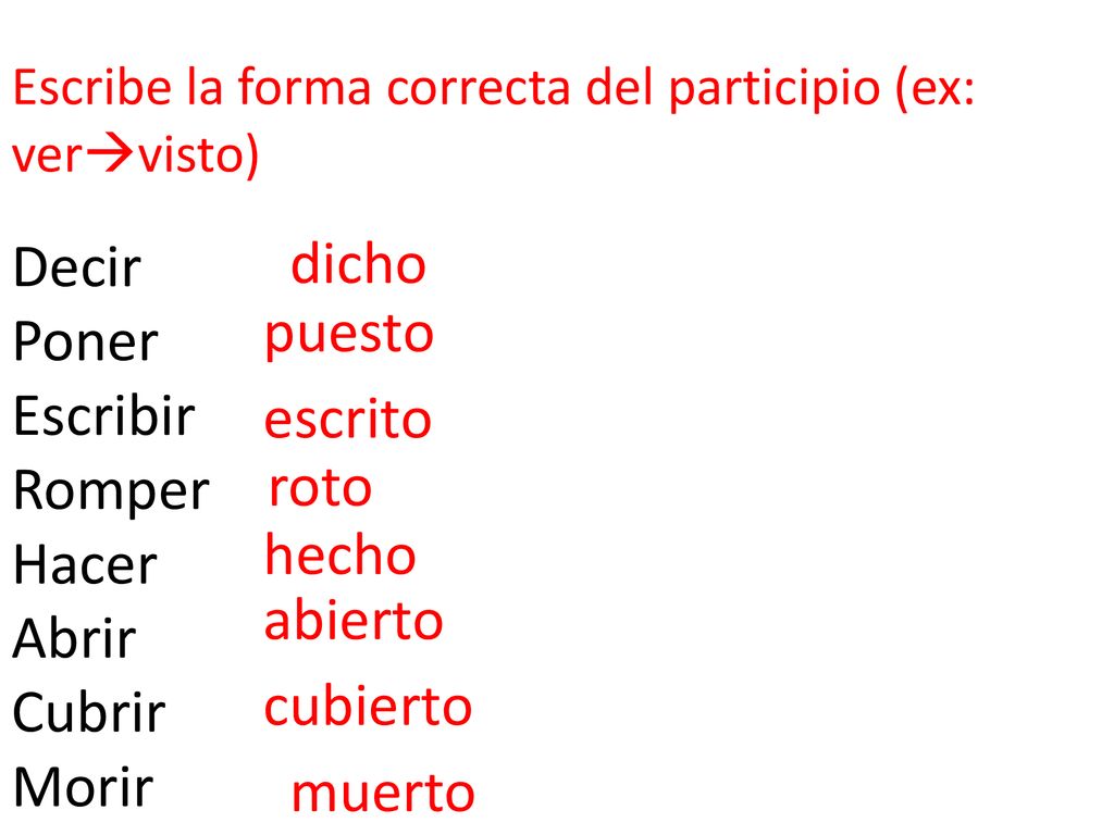 dicho Decir Poner puesto Escribir Romper Hacer escrito Abrir roto