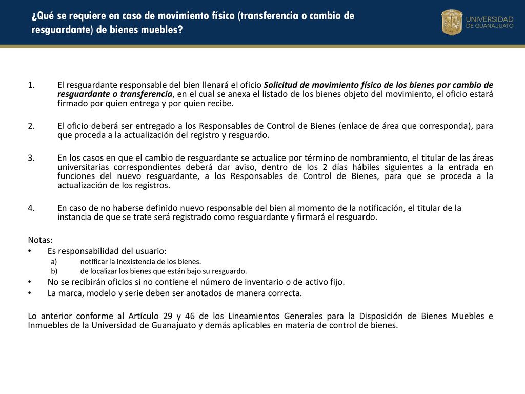 ¿Qué se requiere en caso de movimiento físico (transferencia o cambio de resguardante) de bienes muebles