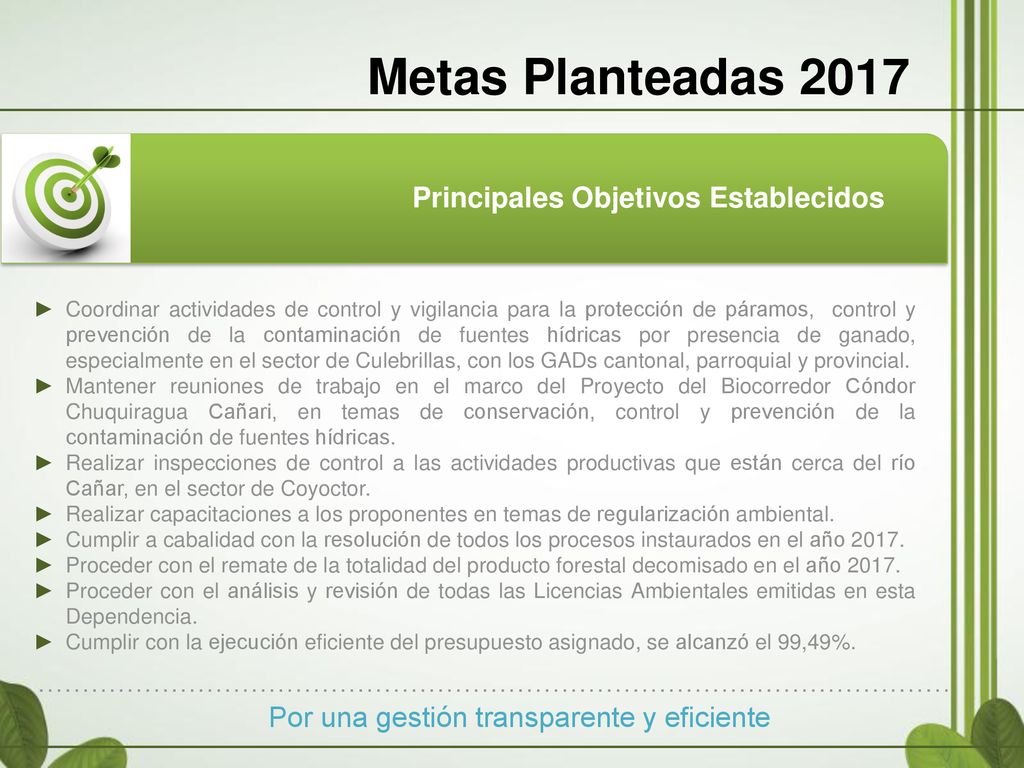 Metas Planteadas 2017 Por una gestión transparente y eficiente