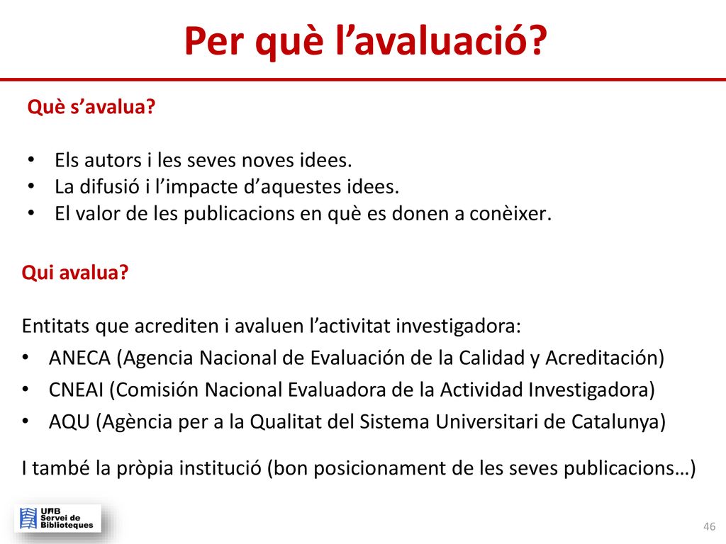 Per què l’avaluació Què s’avalua Els autors i les seves noves idees.