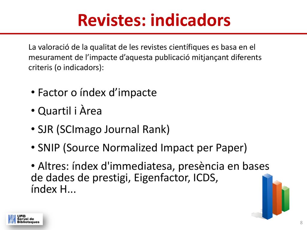 Revistes: indicadors Factor o índex d’impacte Quartil i Àrea