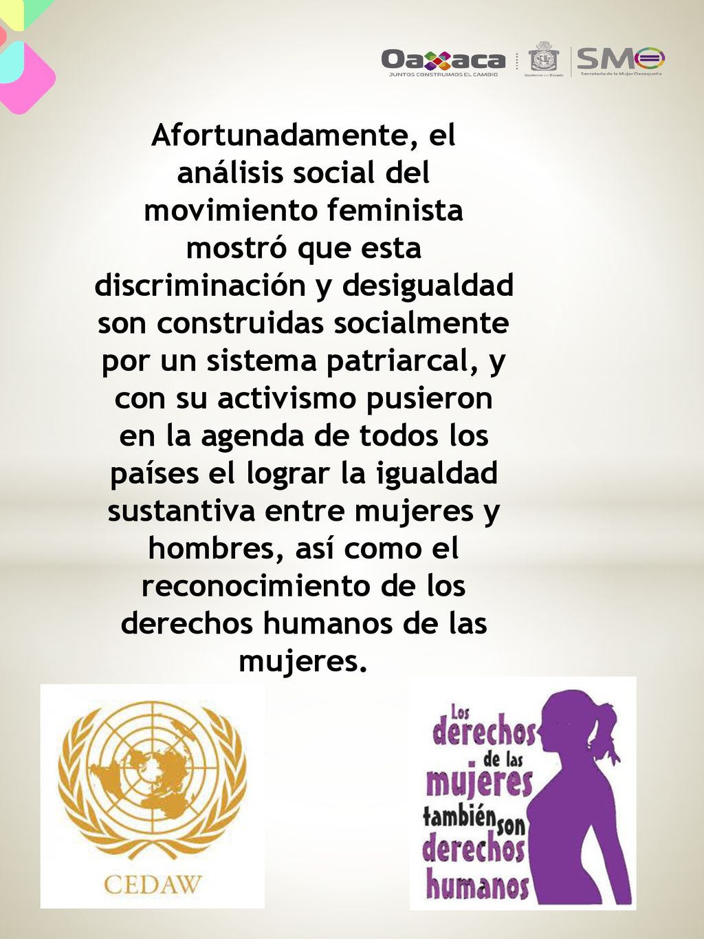 Afortunadamente, el análisis social del movimiento feminista mostró que esta discriminación y desigualdad son construidas socialmente por un sistema patriarcal, y con su activismo pusieron en la agenda de todos los países el lograr la igualdad sustantiva entre mujeres y hombres, así como el reconocimiento de los derechos humanos de las mujeres.