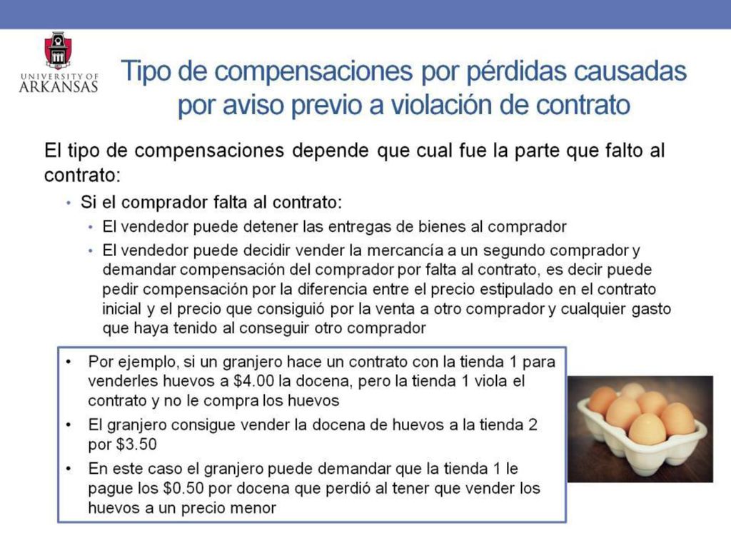 Tipo de compensaciones por pérdidas causadas por aviso previo a violación de contrato