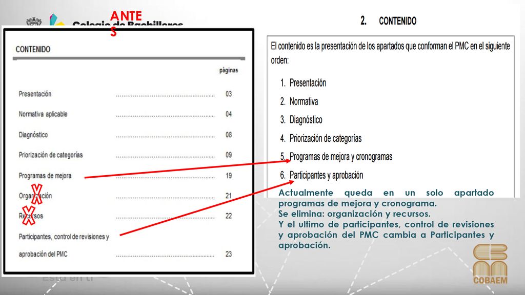 ANTES Actualmente queda en un solo apartado programas de mejora y cronograma. Se elimina: organización y recursos.