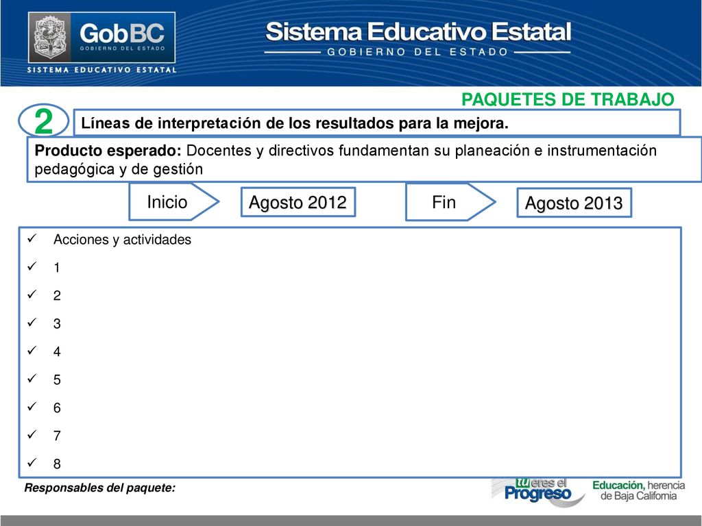 2 PAQUETES DE TRABAJO Inicio Fin Agosto 2012 Agosto 2013