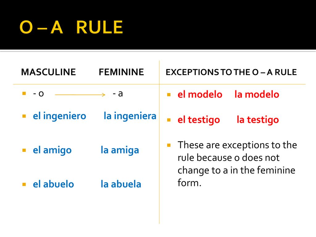 O – A RULE - o - a el ingeniero la ingeniera el amigo la amiga