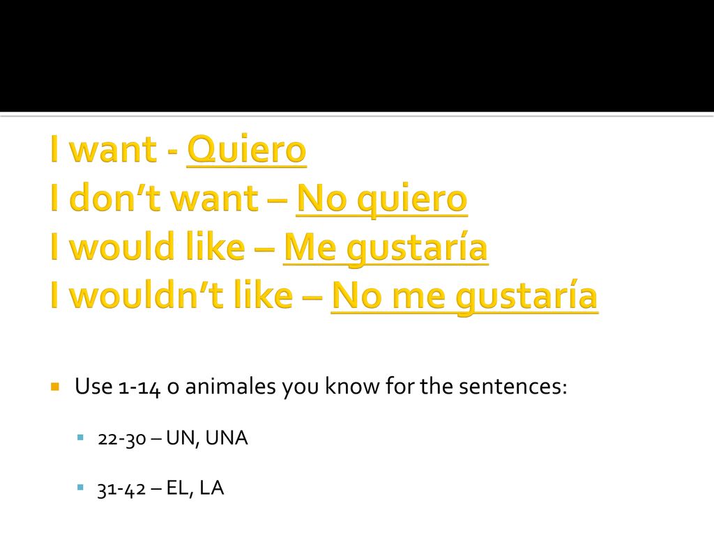 I want - Quiero I don’t want – No quiero I would like – Me gustaría I wouldn’t like – No me gustaría