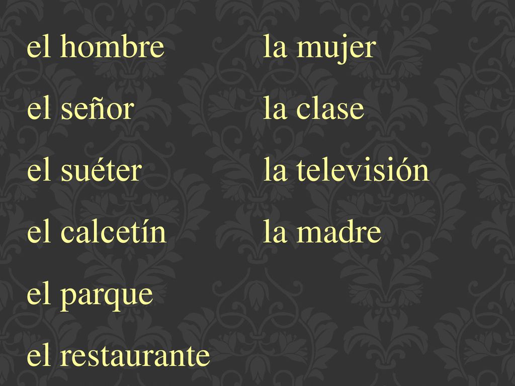 el hombre el señor. el suéter. el calcetín. el parque. el restaurante. la mujer. la clase. la televisión.