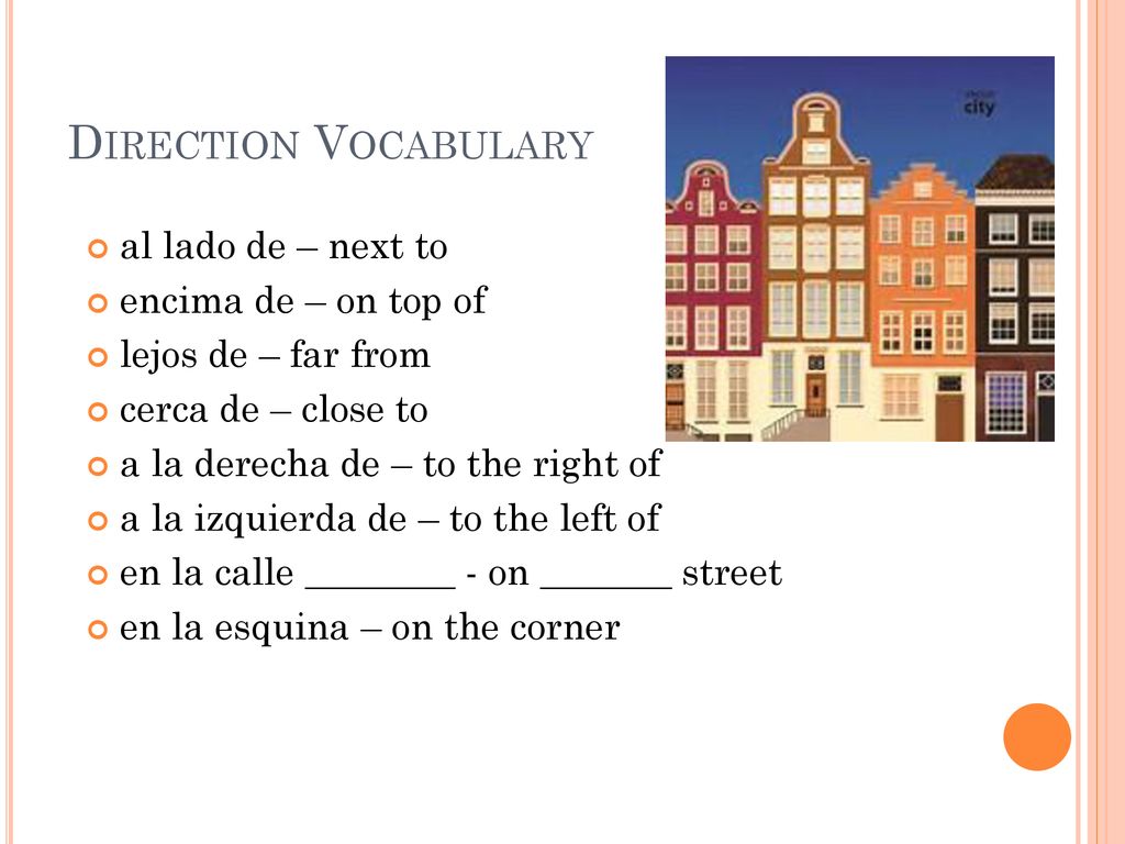 Direction Vocabulary al lado de – next to encima de – on top of