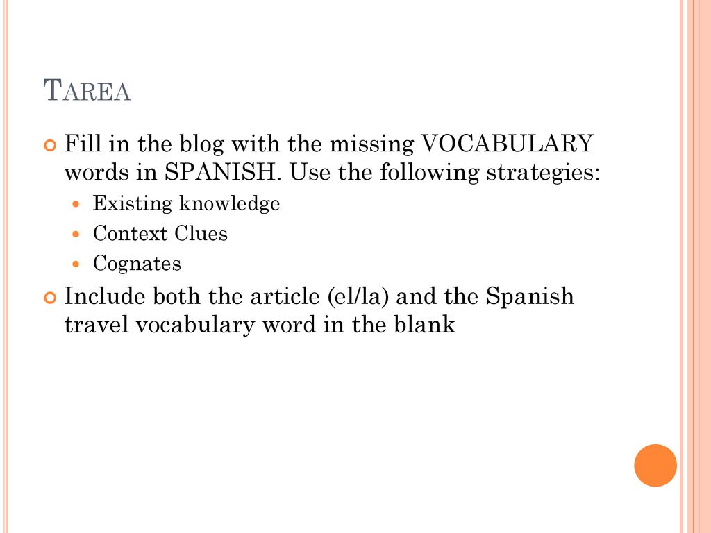 Tarea Fill in the blog with the missing VOCABULARY words in SPANISH. Use the following strategies: