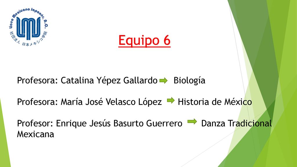 Equipo 6 Profesora: Catalina Yépez Gallardo Biología Profesora: María José Velasco López Historia de México Profesor: Enrique Jesús Basurto Guerrero Danza Tradicional Mexicana