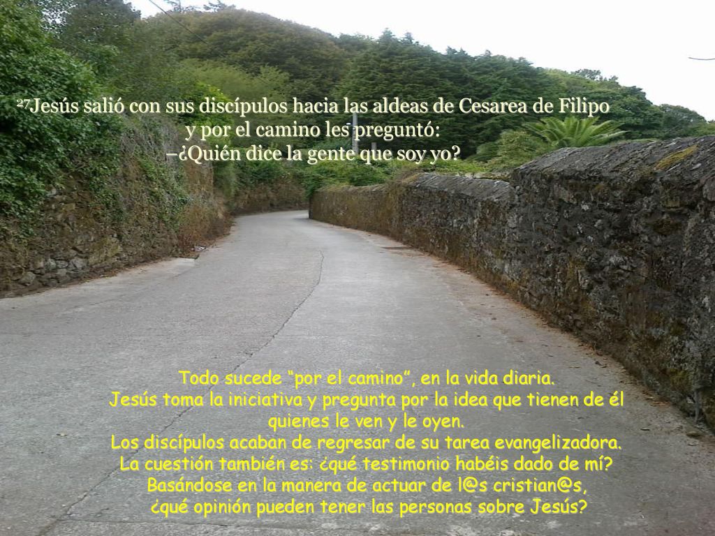 27Jesús salió con sus discípulos hacia las aldeas de Cesarea de Filipo y por el camino les preguntó: –¿Quién dice la gente que soy yo