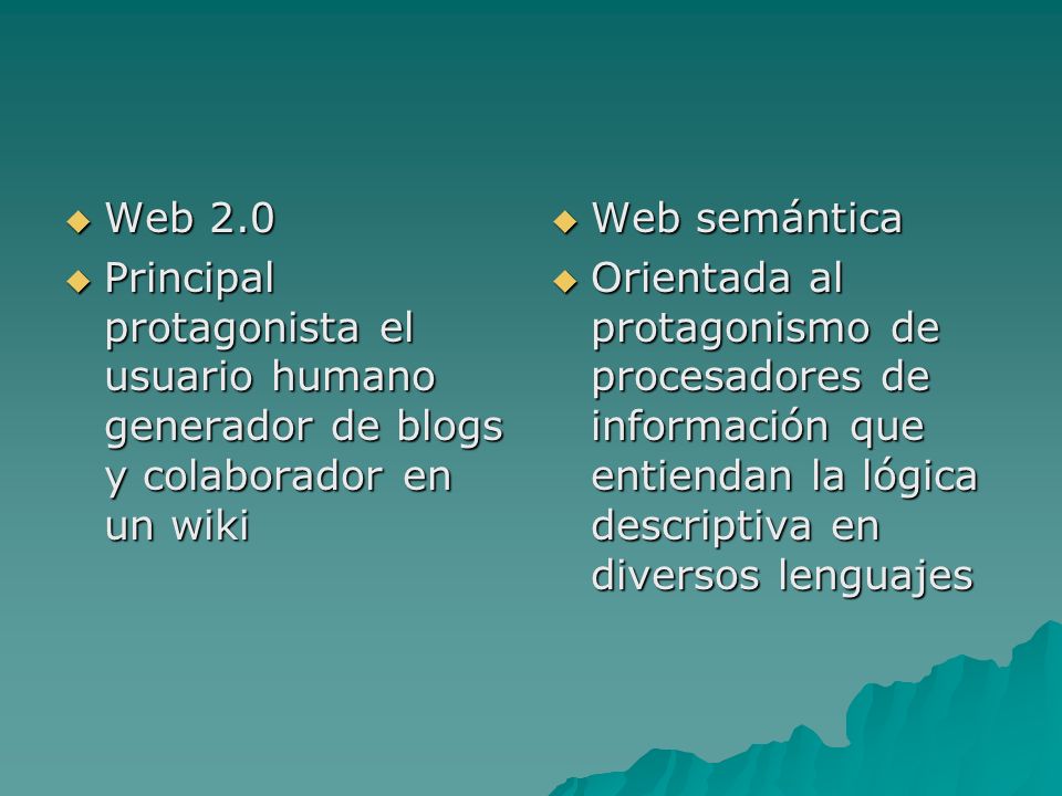 Web 2.0 Principal protagonista el usuario humano generador de blogs y colaborador en un wiki. Web semántica.