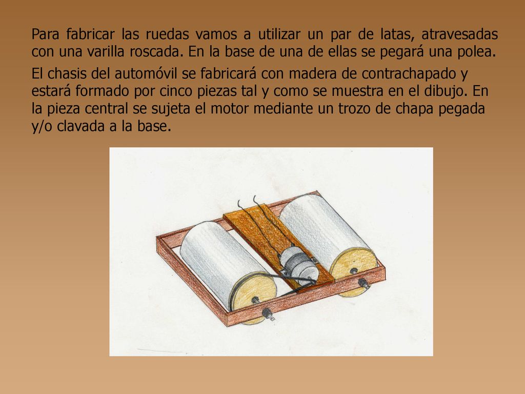 Para fabricar las ruedas vamos a utilizar un par de latas, atravesadas con una varilla roscada. En la base de una de ellas se pegará una polea.