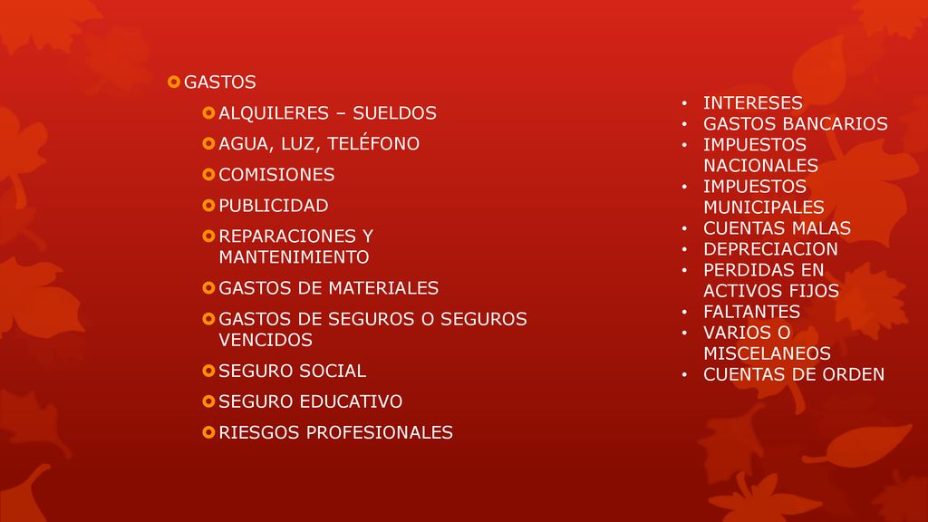 GASTOS ALQUILERES – SUELDOS. AGUA, LUZ, TELÉFONO. COMISIONES. PUBLICIDAD. REPARACIONES Y MANTENIMIENTO.