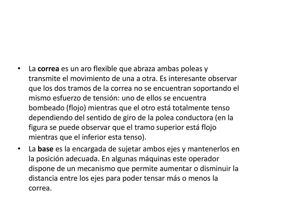 La correa es un aro flexible que abraza ambas poleas y transmite el movimiento de una a otra. Es interesante observar que los dos tramos de la correa no se encuentran soportando el mismo esfuerzo de tensión: uno de ellos se encuentra bombeado (flojo) mientras que el otro está totalmente tenso dependiendo del sentido de giro de la polea conductora (en la figura se puede observar que el tramo superior está flojo mientras que el inferior esta tenso).