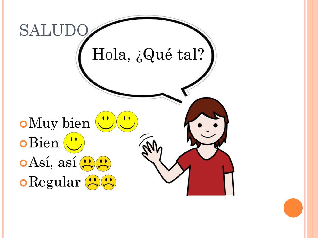 SALUDO Hola, ¿Qué tal Muy bien Bien Así, así Regular