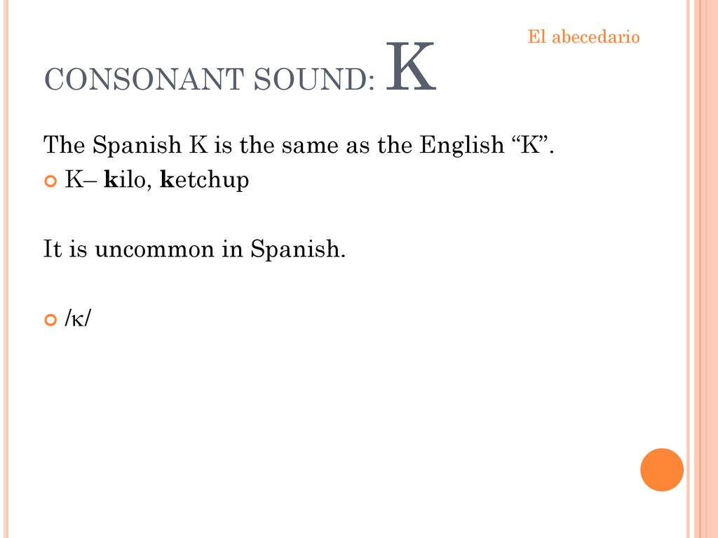 CONSONANT SOUND: K The Spanish K is the same as the English K .