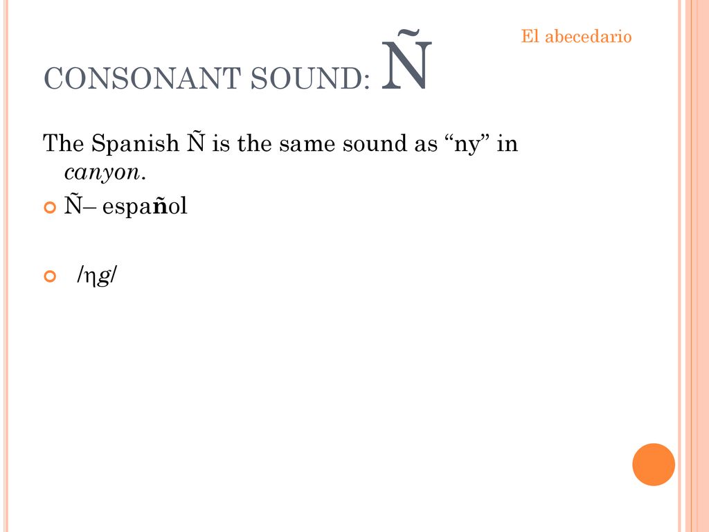 CONSONANT SOUND: Ñ The Spanish Ñ is the same sound as ny in canyon.