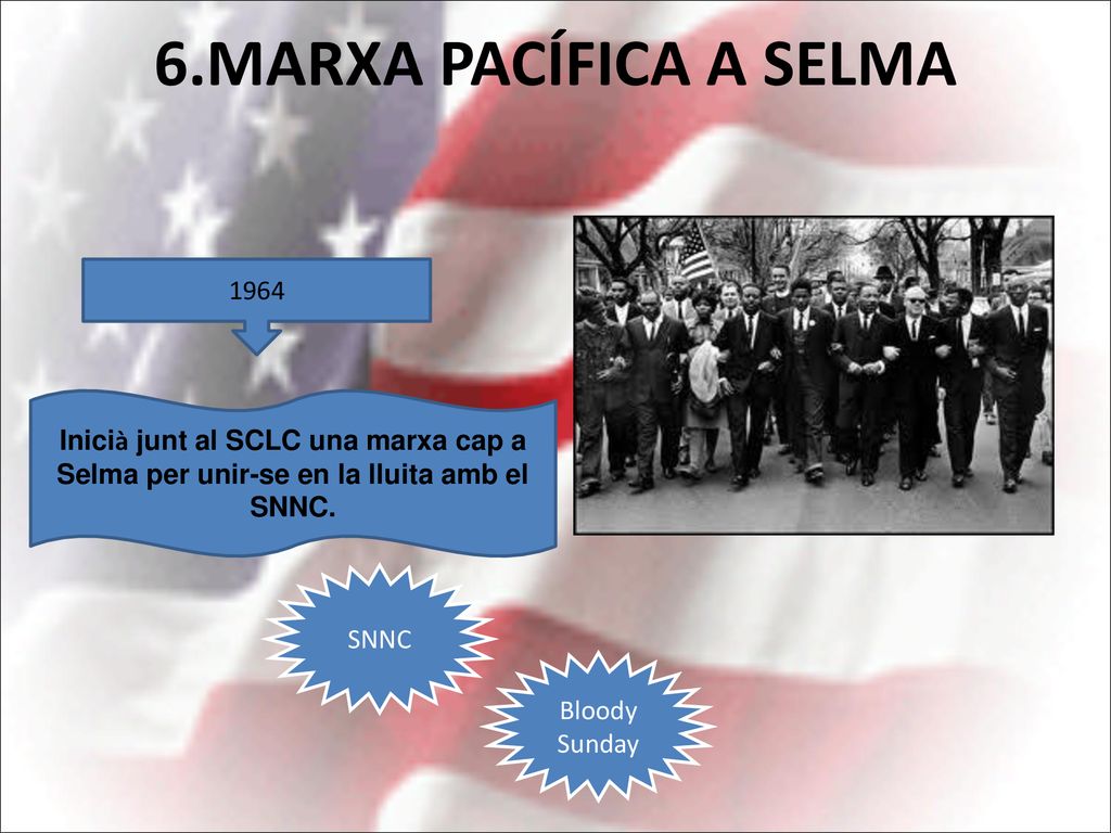 6.MARXA PACÍFICA A SELMA Inicià junt al SCLC una marxa cap a Selma per unir-se en la lluita amb el SNNC.