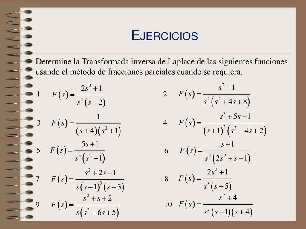 Ejercicios Determine la Transformada inversa de Laplace de las siguientes funciones usando el método de fracciones parciales cuando se requiera.