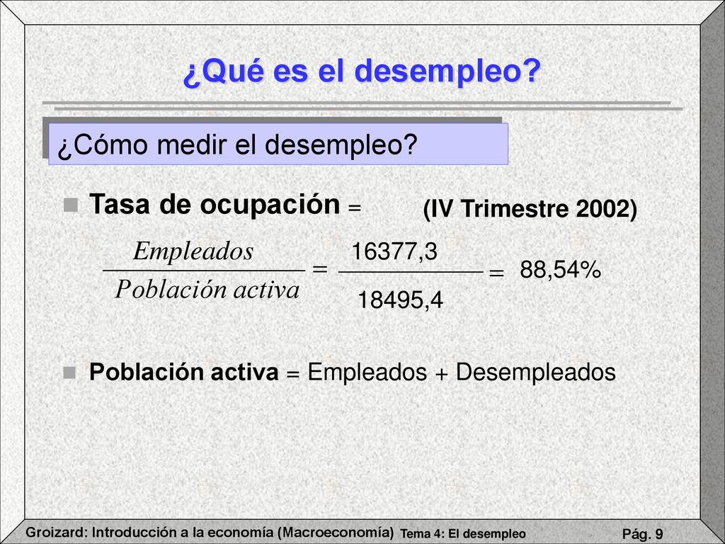 ¿Qué es el desempleo ¿Cómo medir el desempleo Tasa de ocupación =