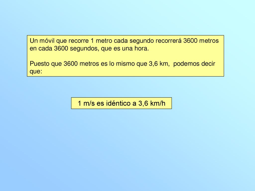 Un móvil que recorre 1 metro cada segundo recorrerá 3600 metros en cada 3600 segundos, que es una hora.