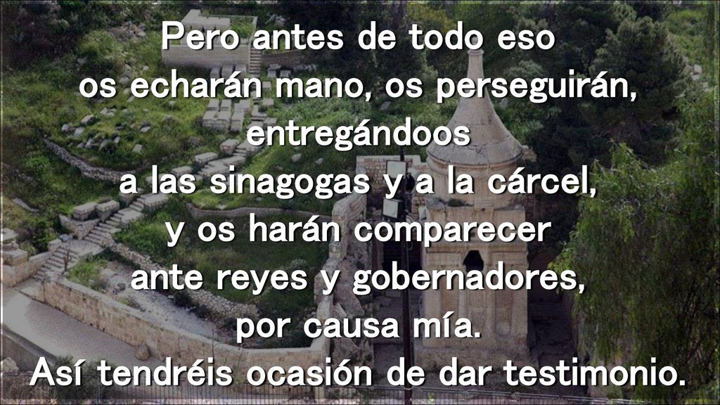 Pero antes de todo eso os echarán mano, os perseguirán, entregándoos a las sinagogas y a la cárcel, y os harán comparecer ante reyes y gobernadores, por causa mía.