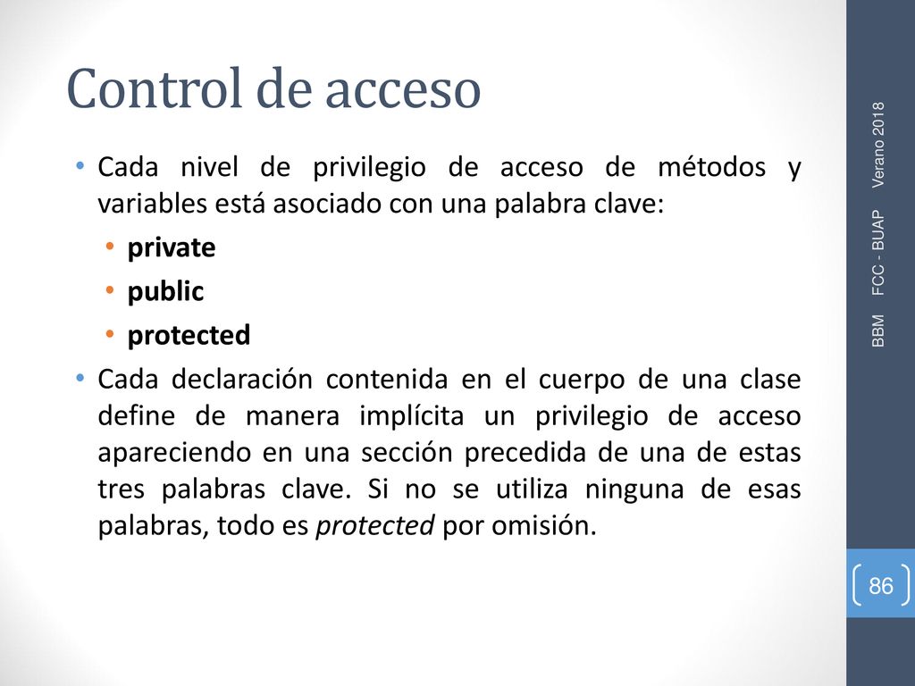 Control de acceso Cada nivel de privilegio de acceso de métodos y variables está asociado con una palabra clave: