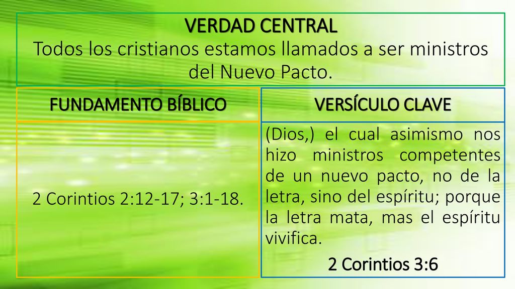 VERDAD CENTRAL Todos los cristianos estamos llamados a ser ministros del Nuevo Pacto.